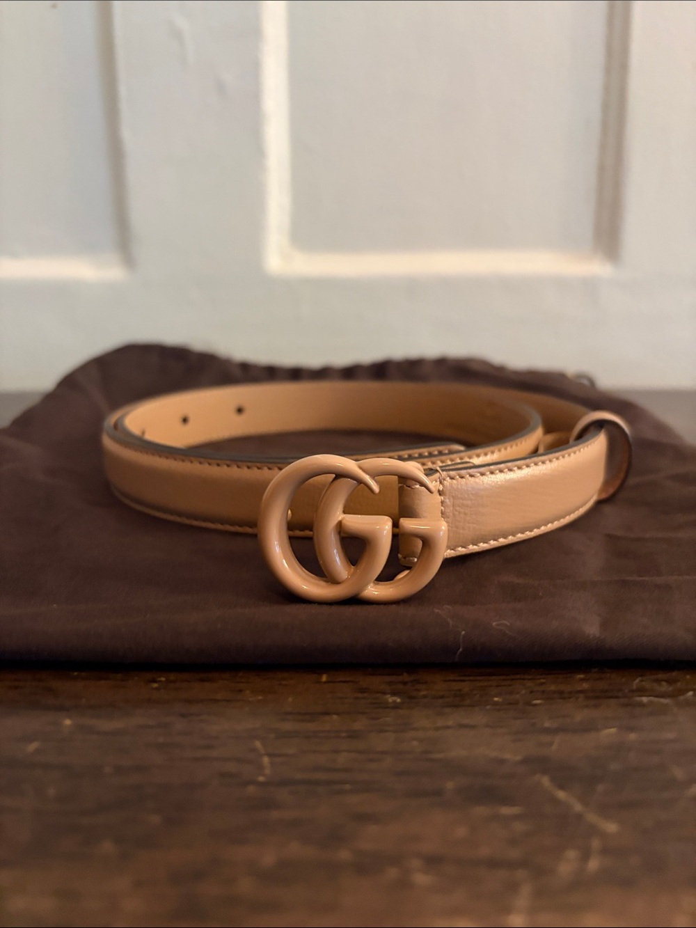 Gucci Tan Enamel GG Buckle Leather Belt